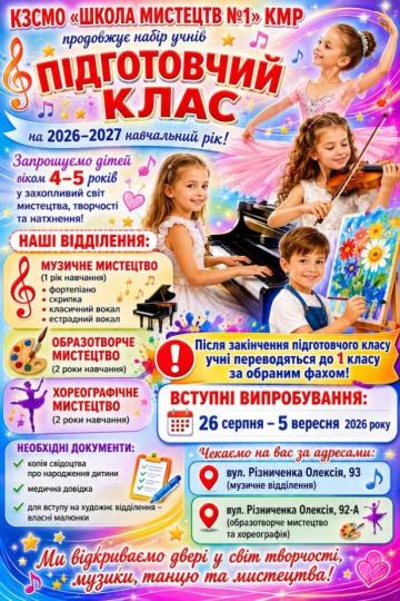 ШКОЛА МИСТЕЦТВ №1 ОГОЛОШУЄ НАБІР ДО ПІДГОТОВЧОГО КЛАСУ НА 2026–2027 НАВЧАЛЬНИЙ РІК