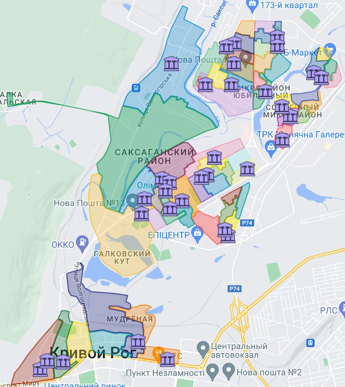Google карта виборчих дільниць Саксаганського району